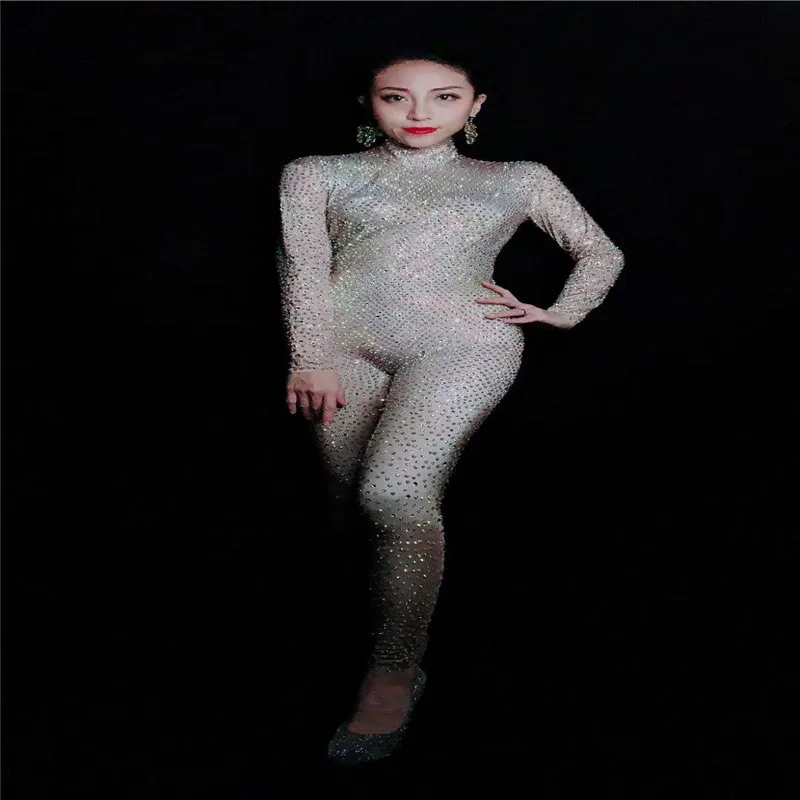 

R41 Ballroom dance stage costumes full diamonds jumpsuit long sleeve stretch rhinestones leotard tights crystal outfit party