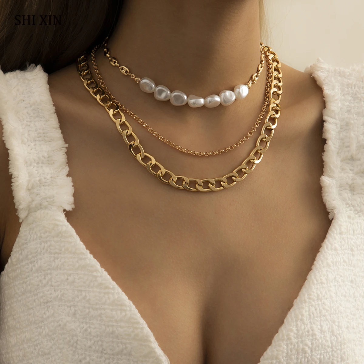 

SHIXIN Vintage Pearl Choker Necklace Set for Women Elegant Chunky Thick Necklace Chain on Neck Jewelry Fashion Necklace 2021Gift