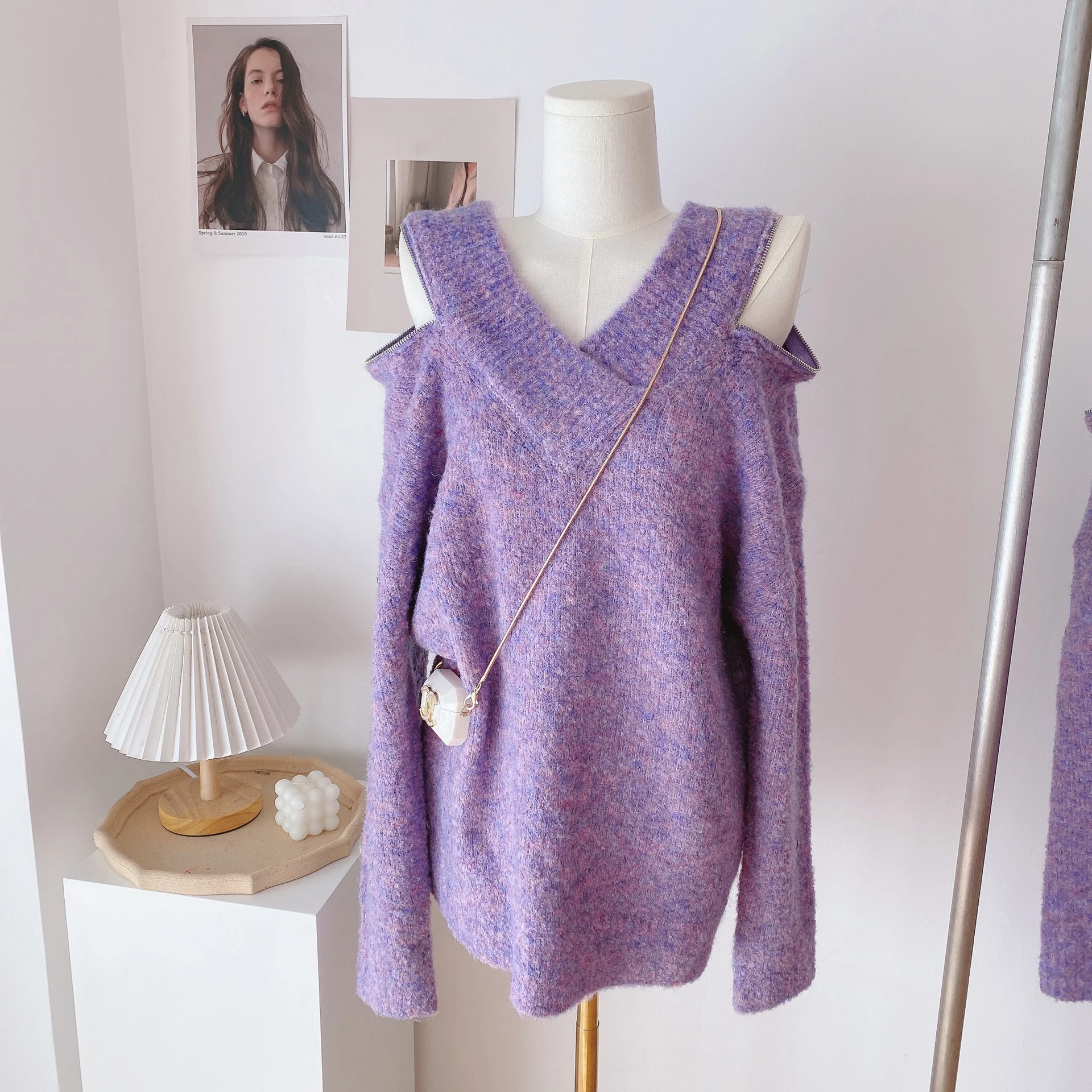 

Purple circle yarn sweater women winter loose big V-neck high-quality zipper off-shoulder pullover sweater top