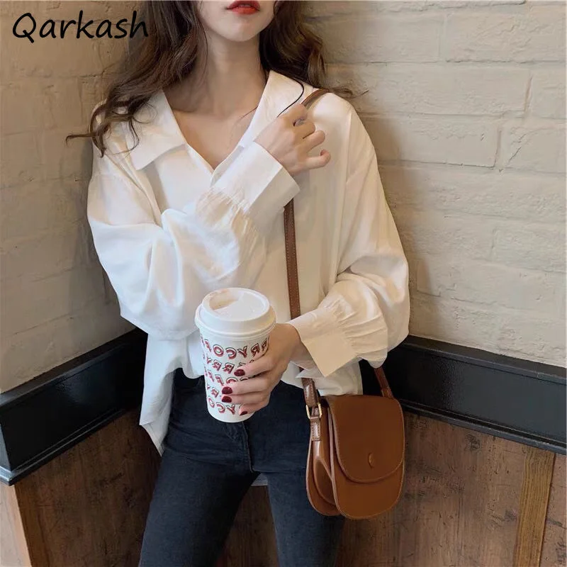 

Shirts Women Baggy Popular Solid Ulzzang Turn Down Collar Sweet Style Maiden Fit Autumn Classy Preppy Mujer Blusas Chic Y2k Cute