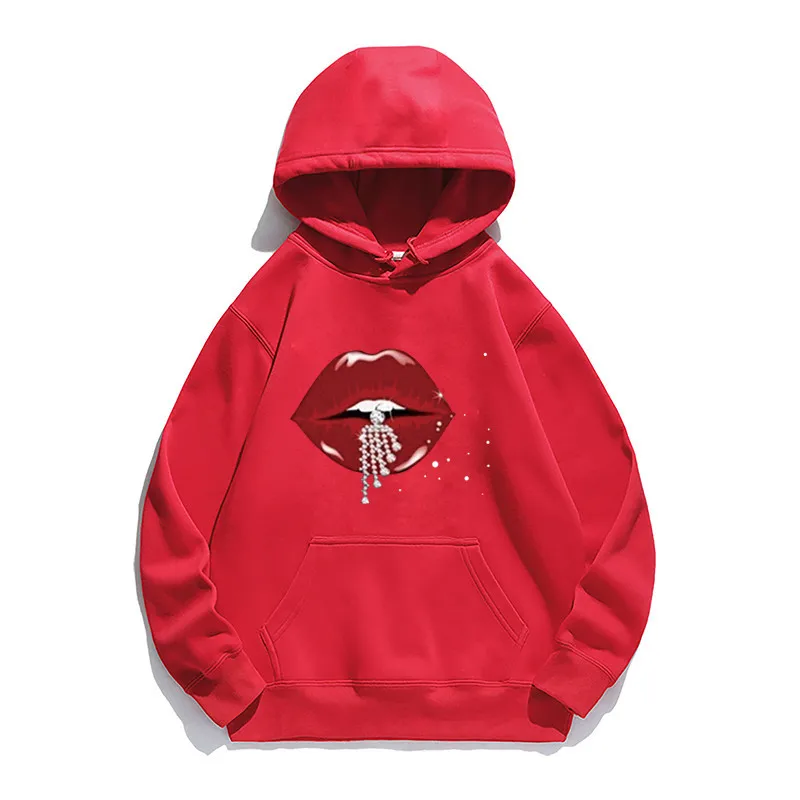 

Women Hoodie Red Lip Printed Hoodies Women Fleece Long Sleeve Loose Sweatshirt with Hat Girls Pullovers Winter