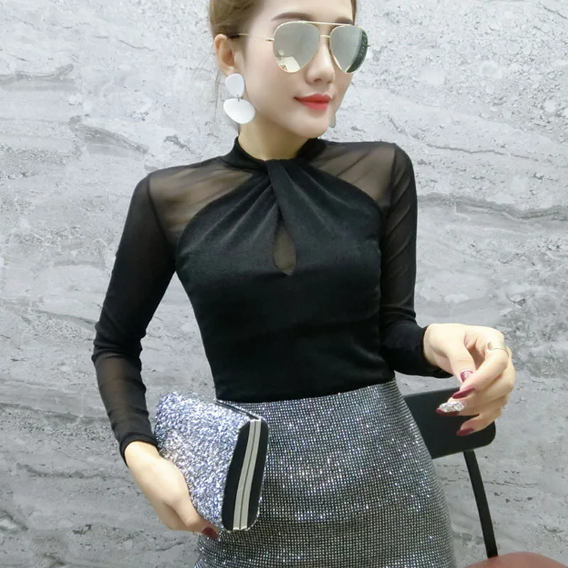 Chemisier Femme, новинка, сетчатая однотонная женская блузка с длинным рукавом, топы, повседневная приталенная рубашка с круглым вырезом, женская одежда, осень 7300 50