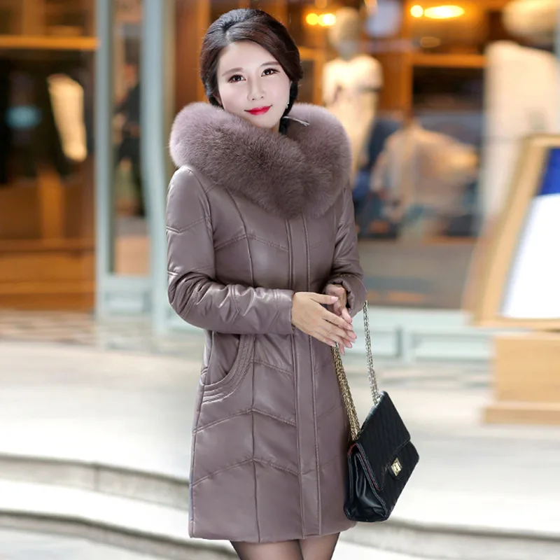 Clearance Mother Leather Coat Winter 2021 Women Sheepskin Jacket Thicken Warm Outerwear Fur Collar Hooded Tops Overcoat Female | Женская