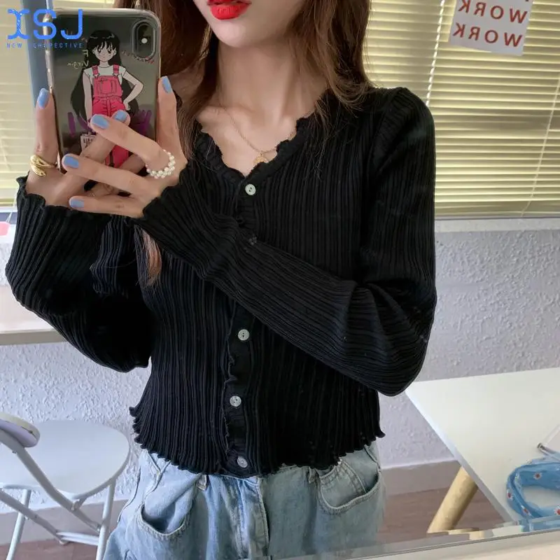 

Summer Cardigan Outwear for Female V-Neck Knitted Casual Ruched Short Sweaters Cardigans Lady Knitting Soft Thin