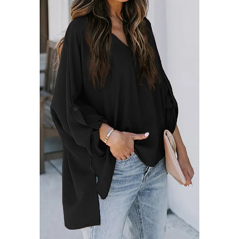 

2021 spring new European and American fashion solid color V-neck long-sleeved casual loose shirt women woman tshirts