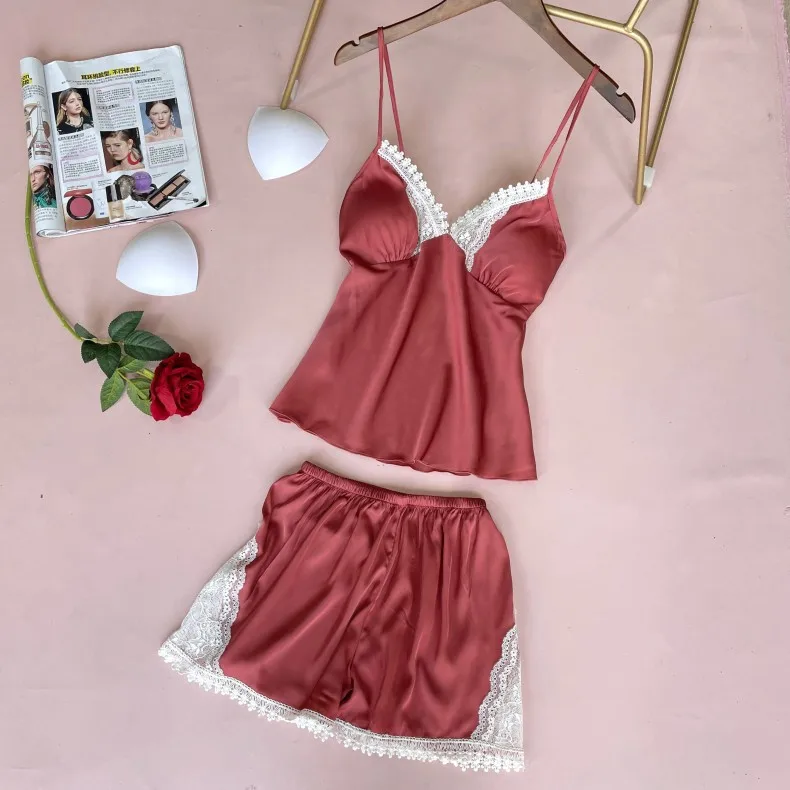 

Sexy Sleeveless Pajama Set Summer Silky Satin 2PCS Suspender&Shorts Sleep Suit Femme Sleepwear Pyjamas Women Lace Loungewear