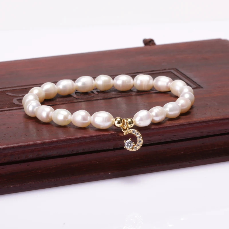 

5pcs Natural Freshwater Pearl Bead Gold Crown Sun Star Paved White Cz Tiny Charm Unisex Pendant Bracelet Wedding Daily Jewelry