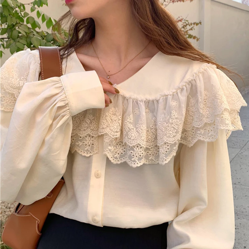 

Blouse With Lace Doll Collar Women's Long Sleeve Tops 2021 Party Korean Sweet Dating Shirt Woman Lovely Summer Crop Top Female