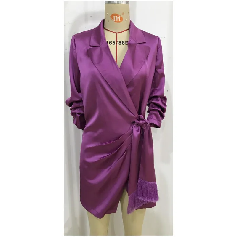 

Irregul Purple Satin Womens Dress Polo V Neck Tassel Long Sleeve Bodycon Dresses Sexy Party Lady Mini Girl Casual Clothing