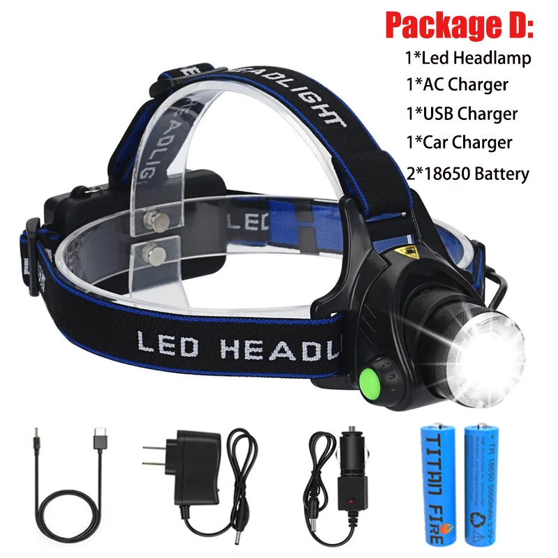 Packge D TL900 светодиодный налобный фонарь Перезаряжаемые T6/L2/V6 фара увеличить Водонепроницаемый головной светильник вспышки светильник Три светильник переключатель режимов зарядка через usb - Emitting Color: Packge D