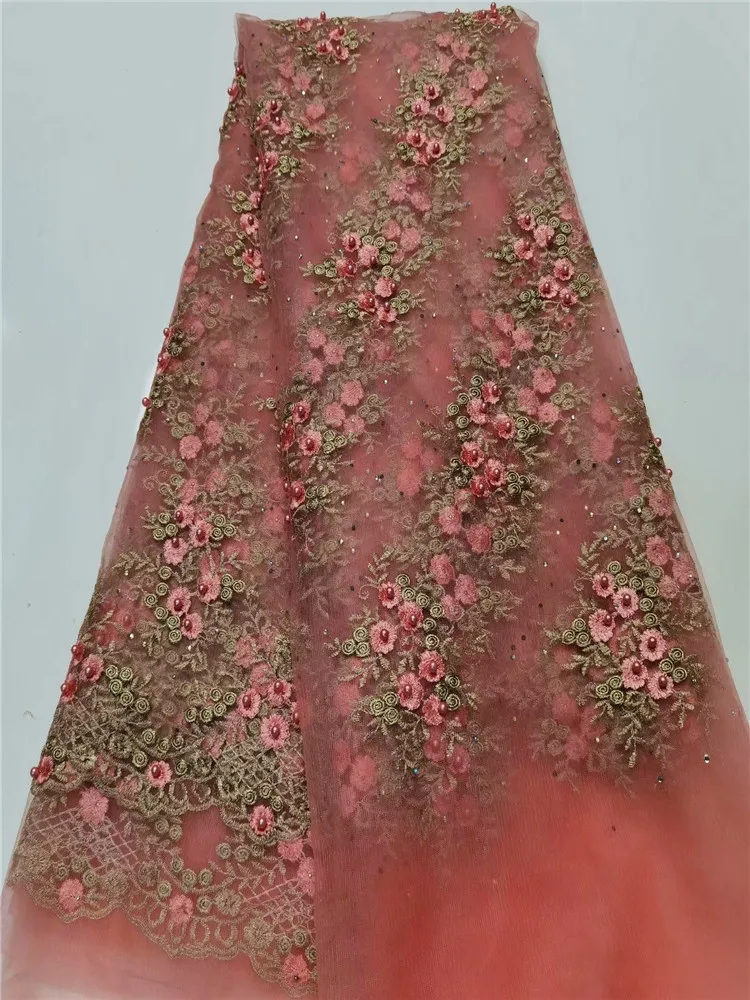 

Hot Sales French Lace Fabric High Quality green gold beads Embroidery Nigerian Tulle Net Lace Fabric For Womens FW1020