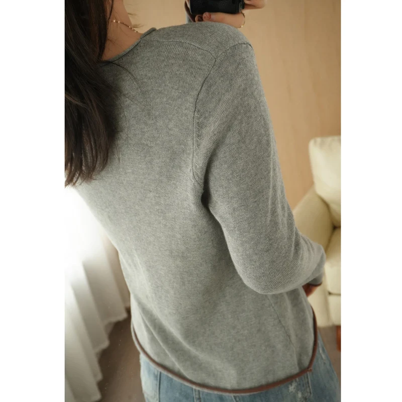 

2021 Crimped cotton top women's round neck Pullover color contrast backing shirt loose and thin cotton sweater YUHANRONG