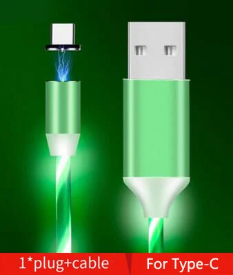 For Type-C Green Автомобильный зарядный кабель светодиодный светящийся Магнитный usb-кабель для kia rio марка toyota tacoma beetle ix25 dodge challenger opel insignia mk7 - Испускаемый цвет: For Type-C Green