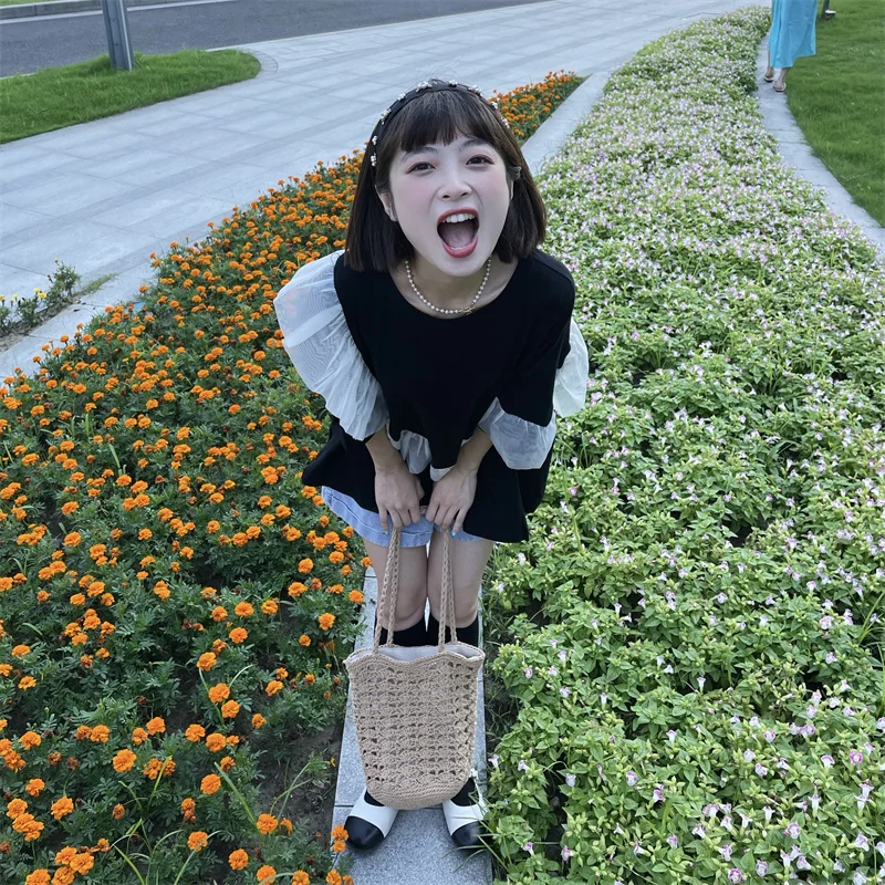 

2197 Women's 2021 new Korean style loose stitching ruffled T-shirt