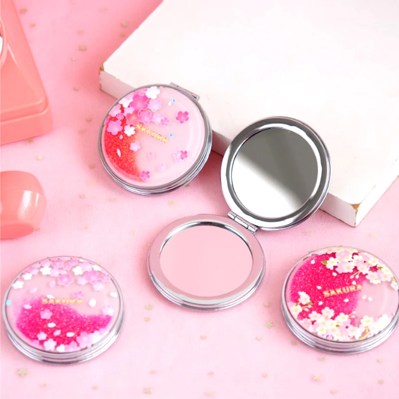 

New Cherry Blossom Sand Double-sided Round Makeup Mirror Portable Portable Mirror Mini Clamshell Small Mirror Gift
