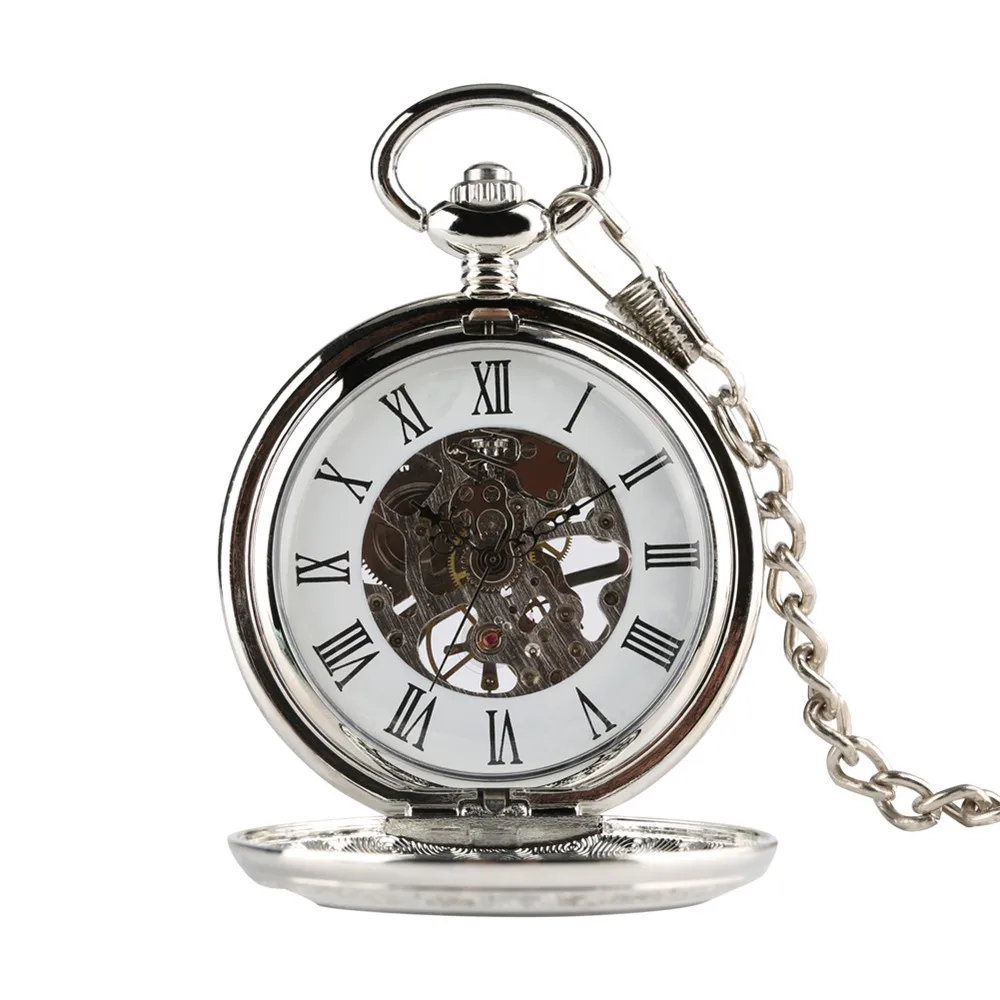 Silver Mechanical Pocket Watch Manual Mechanism Pendant Fob Chain Clock Transparent Glass Cover Roman Numerals Retro Timepiece