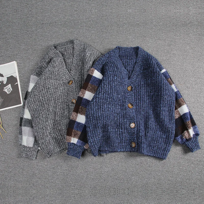 

Высококачественный женский кардиган в клетку, шерстяной кашемировый свитер, Женский однобортный свободный кашемировый свитер с V-образным ...