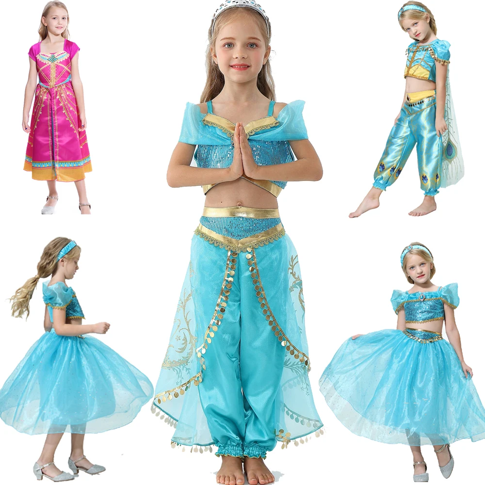 Aladdin Fairy Princess Costume Jasmine Dress Suit Halloween Carnival Cosplay Up Kids Baby Dresses Two Piece Set | Тематическая