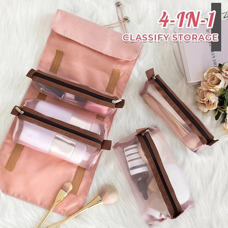 

4-in-1 Travel Toiletry Organizer Bag High Capacity Detachable Classified Storage Mesh Zipper Bag Drawstring Roll to Pack H9