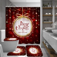 Red Festive Waterproof Polyester Shower Curtain Sets Merry Christmas Bathroom Curtains Toilet Cover Mat Non Slip Rug Set