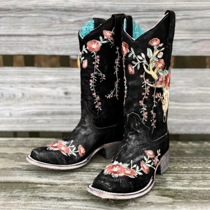 

New Plus Size Women Boots Colorful Printed Retro Ethnic Style Ladies Lace Up Flat Shoes Medium Tube Fashion Casual Footwear