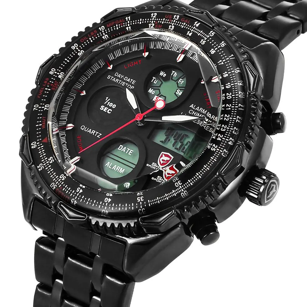 Full Black SH116 Бренд Акула Часы Мужчины Аналоговое Дисплей Дня и Даты Серебряный Ремешок из Нержавеющей Стали Будильник Хронограф Черный Белый Циферблат Корпус Спортивные Кварцевые Водонепроницаемые Наручные Мужские Часы /SH111 - Цвет: Full Black SH116