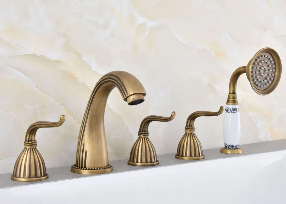

Antique Brass Roman Bathtub Mixer Faucet Set with Handheld Shower Deck Mounted 5 Holes Hot and Cold Taps ttf243