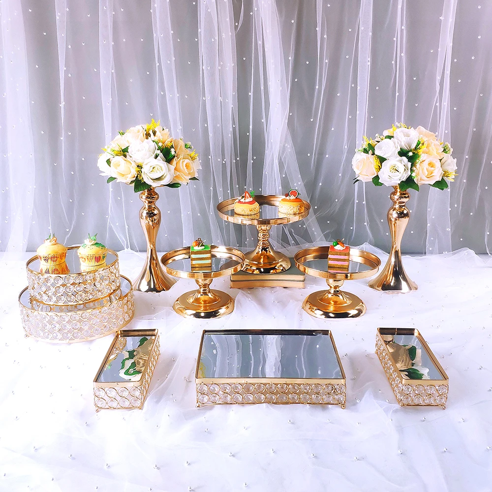 Espejo de decoraci&oacute;n de boda, soporte de pastel de Metal dorado, expositor de magdalenas de 3 niveles, 8-13 piezas-5