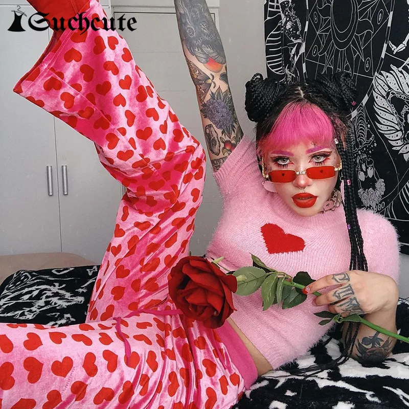 

SUCHCUTE Harajuku Women Pants Heart Print Aesthetic Hight Waist Loose Casual Fashion Pink Trousers Kawaii Vintage Streetwear 90s