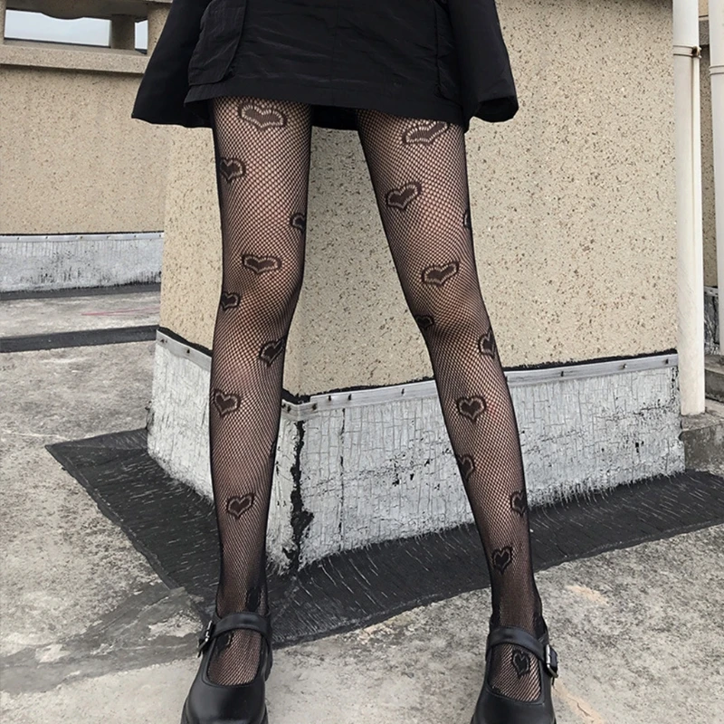 

Japanese Gothic Style Women Sexy Hollow Out Fishnet Black Pantyhose Heart Jacquard See-Through Slim Tights Stockings Clubwear