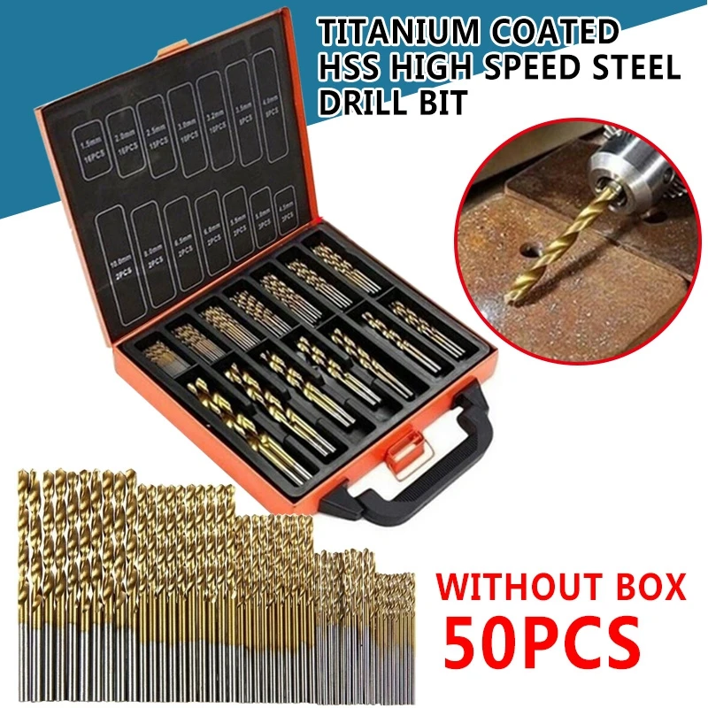50pcs Новинка, набор сверл из быстрорежущей стали с титановым покрытием, 50 шт., набор инструментов 1/1, 5, 2, 2,5, 3 мм, ручные инструменты, запчасти из золота - Цвет: 50pcs