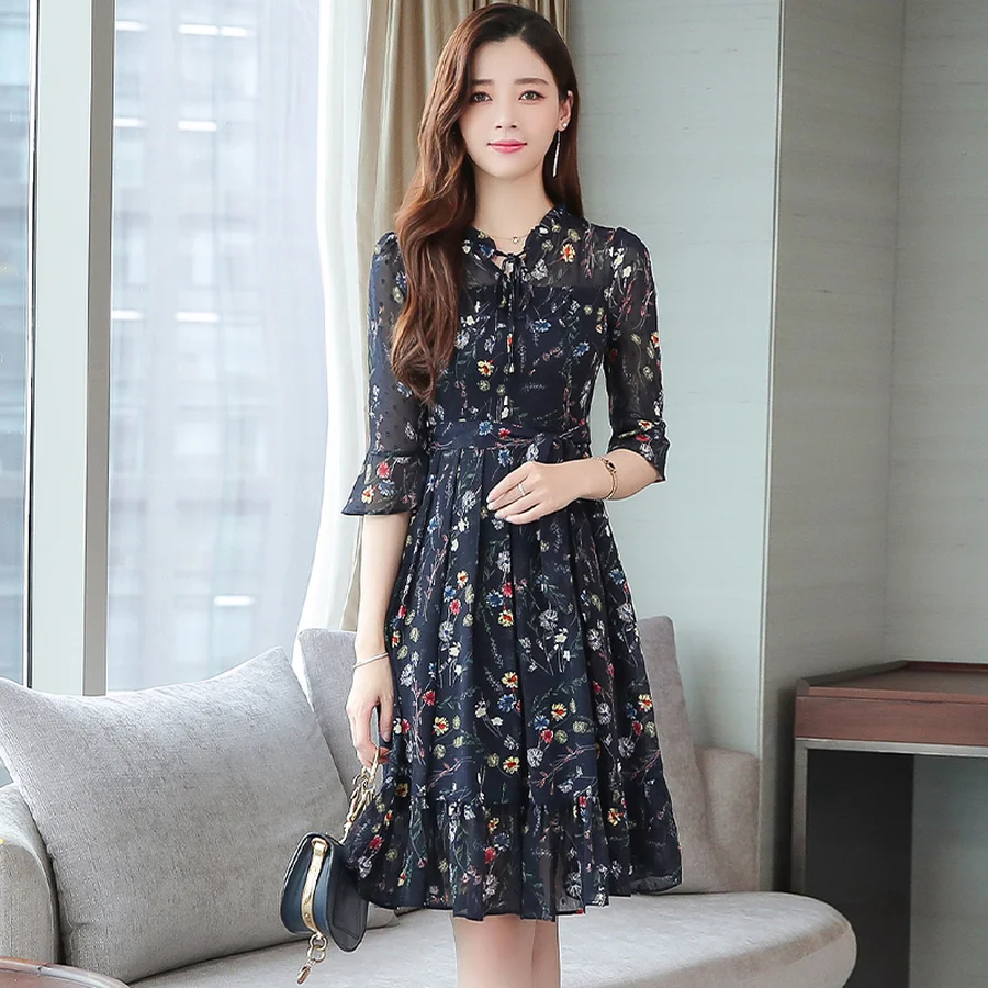 2021 элегантный темно синего цветов с принтом шифоновое платье миди весенне летнее