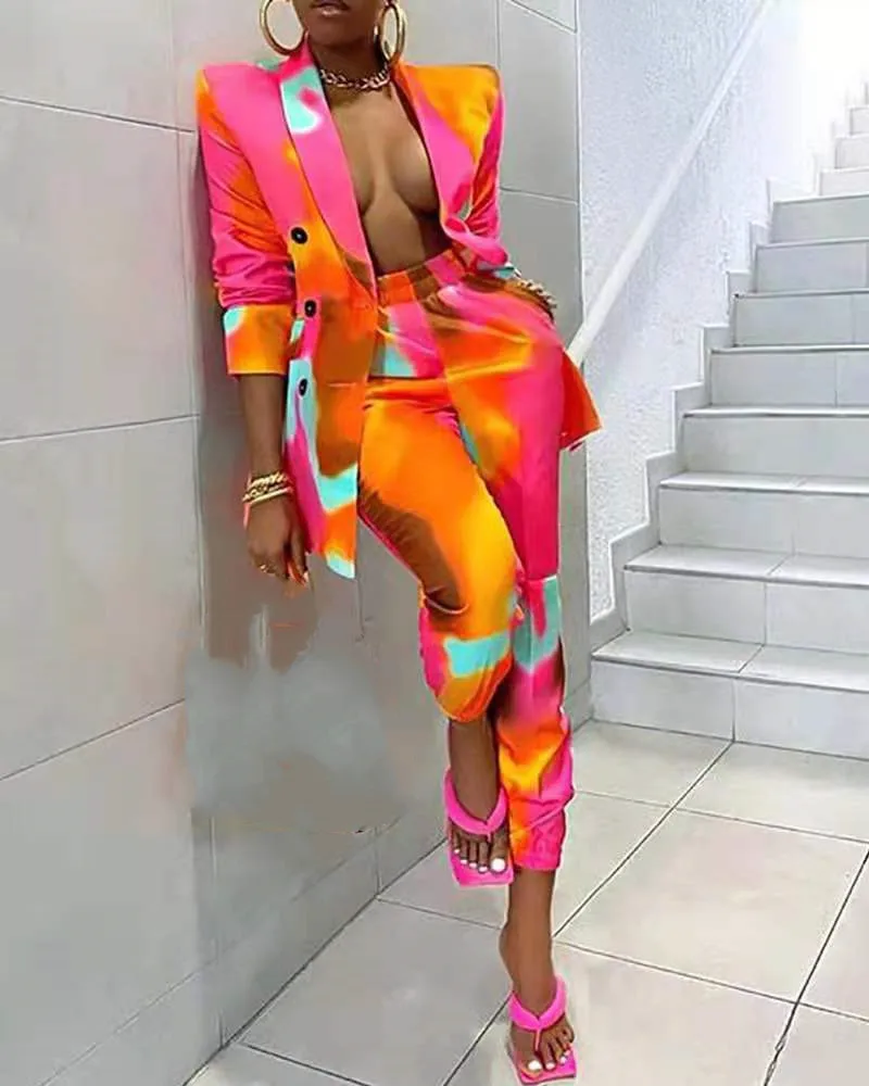 

Women Print Two Piece Set Outfits Elegant Blazer and Jogger Pants Matching Set Autumn Winter Office Lady Tracksuit