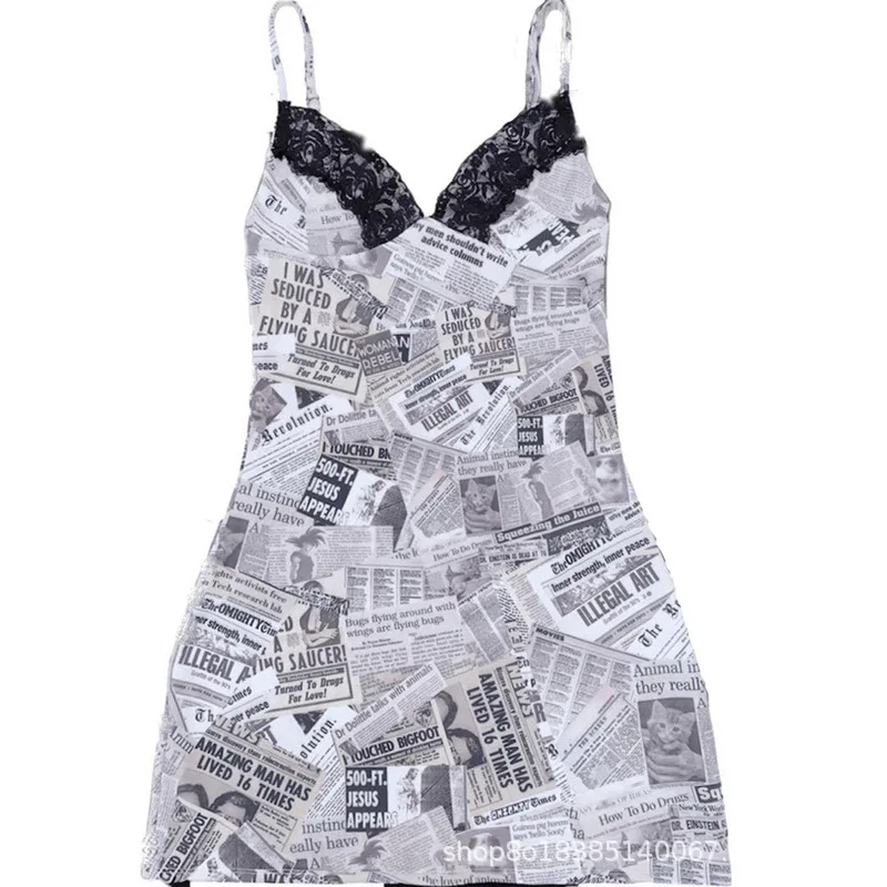 

Times Cami Dress Contrast Lace Trim V-neck Newspaper Print Mini Camisole Dress Women e-Girl Y2K Aesthetic Weekend Party Outfit /