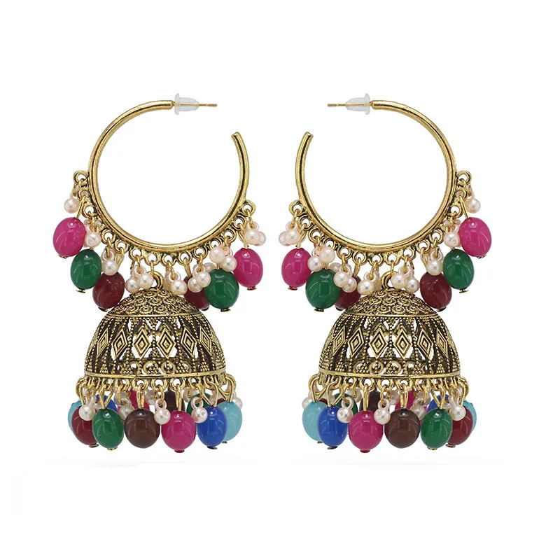 

Ins Indian Jhumki Jhumka Handmade Colorful Beads Tibet Nepal Piercing Bohemia Earrings Antique Gold Vintage Women Party Jewelry