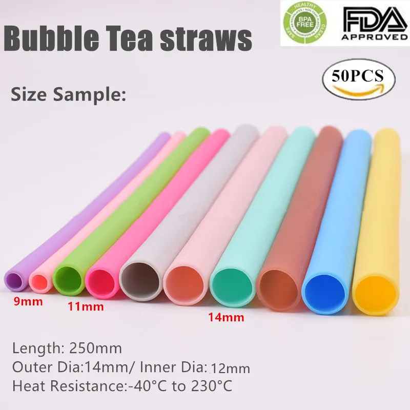 Extra Wide 14mm Silicone Bubble Tea Straw Reusable Boba tea Straws 50pcs Smotthie drinking Flexible Straws Party Bar Accessories