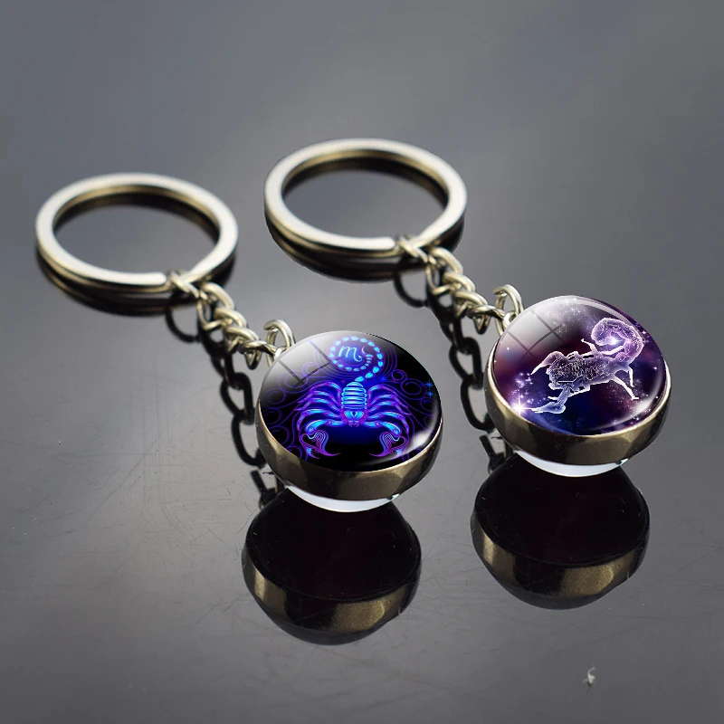 12 Constellation Luminous Keychain Glass Ball Pendant Zodiac Keychain Glow In The Dark Key Chain Holder Men Women Birthday Gift