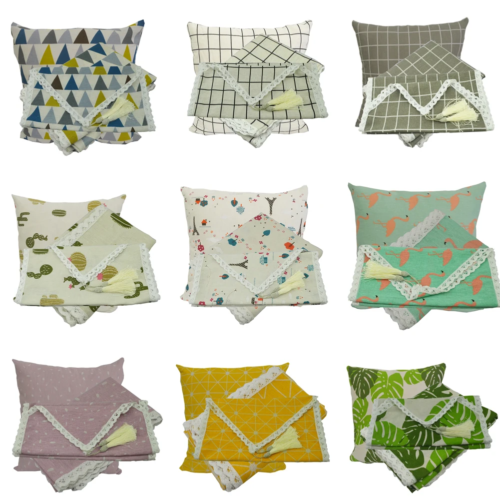 Льняная хлопковая скатерть кружевная с кисточками наволочка принтом