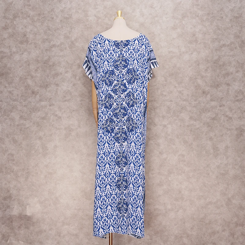 Женское длинное платье туника из хлопка голубое повседневное макси с рукавами