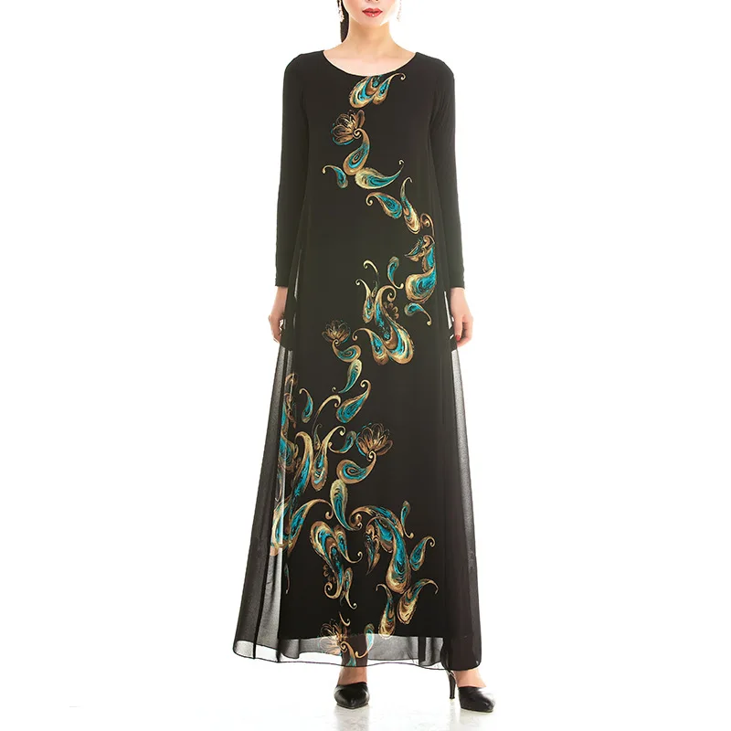 

Fall 2022 New Women's Long-sleeved Chiffon Printed Dress Plus Size Vintage A-line Skirt Muslim Long Skirt Fashion Grace Dresses