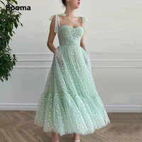 booma mint green hearty prom dresses 2021 tied bow straps sweetheart midi prom gowns pockets tea length wedding party dresses