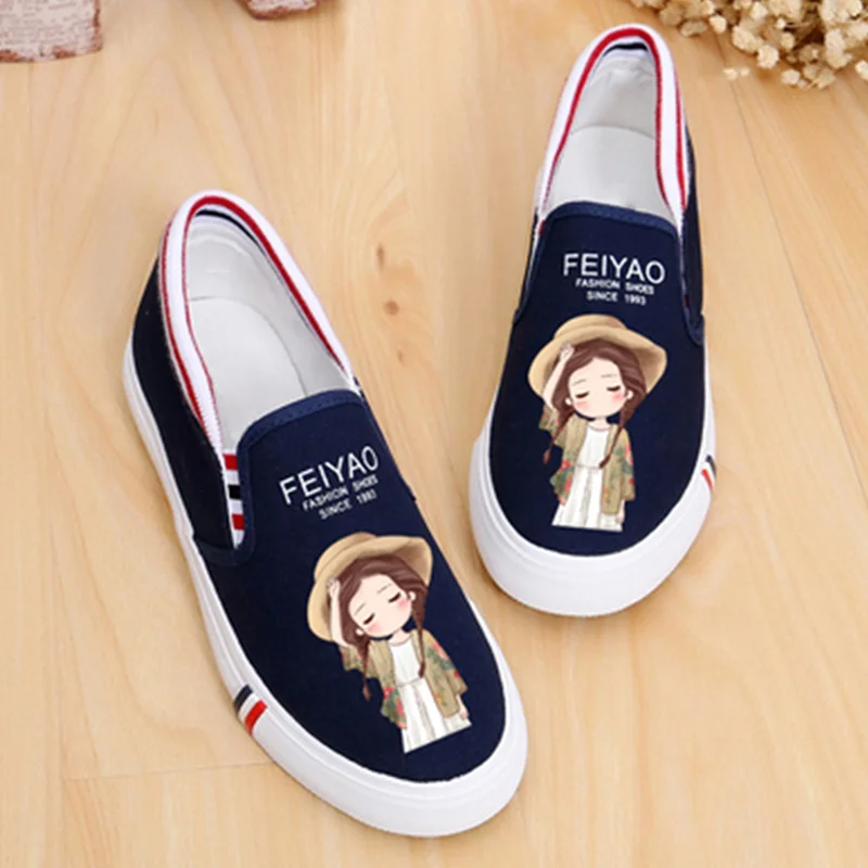 

Women Slip On Flat Shoes Woman Canvas Casual Shoe Female Comfort Cartoon Girl Loafer Ladies Elastic Band Summer Flats Footwear