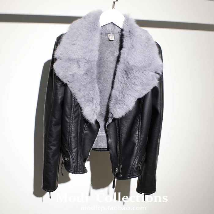 Куртка из искусственной кожи с меховым воротником осеннее пальто женская одежда