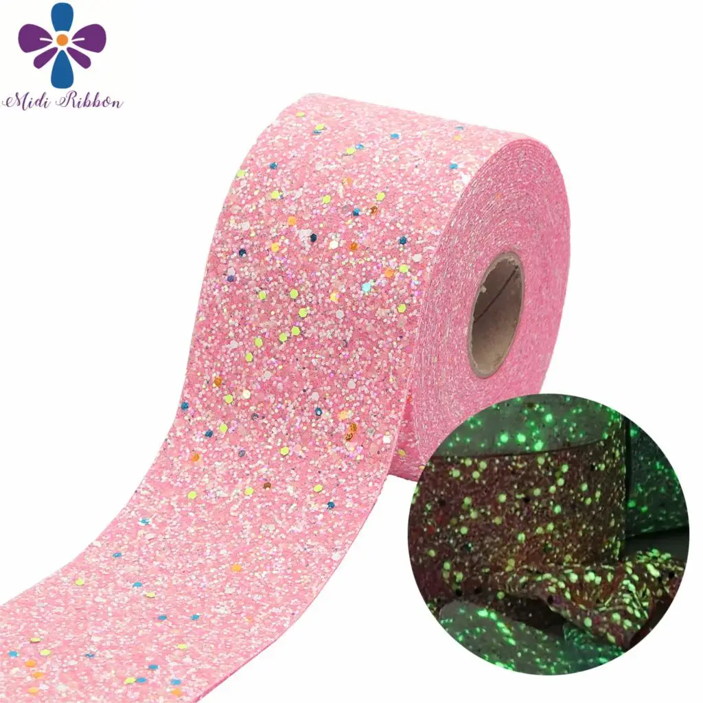 

3"75mm Shiny Glitter Chunky Vinyl Ribbon Glow in the dark DIY Hair Bowknots Gift Packing Decor Pink Gold 20yards/roll