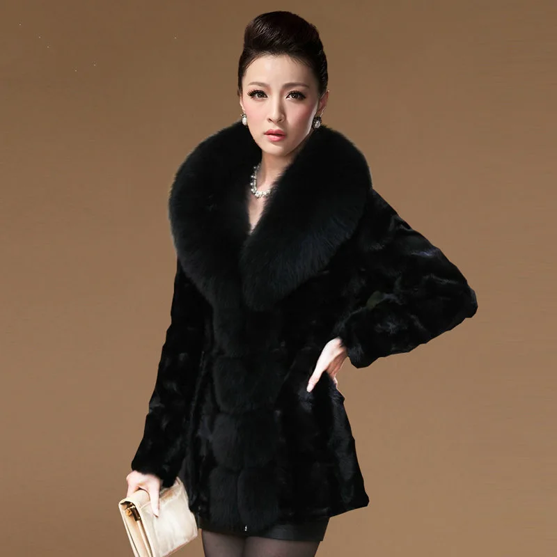 Women Winter Clothes Black Fox Fur Collar Warm Coat Natural Mink Fur Jacket Plus Size Lady Real Fox Fur Luxury Overcoats