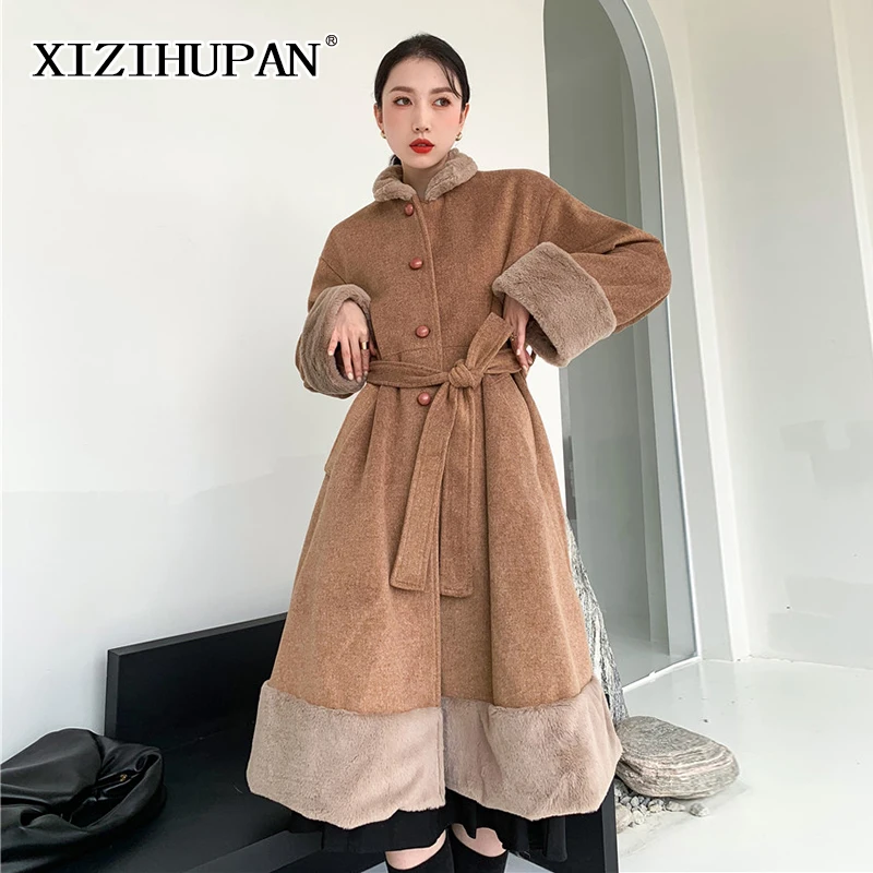 

Повседневное Свободное пальто XIZIHUPAN в стиле пэчворк на шнуровке, женское модное темпераментное пальто с отложным воротником и длинным рука...