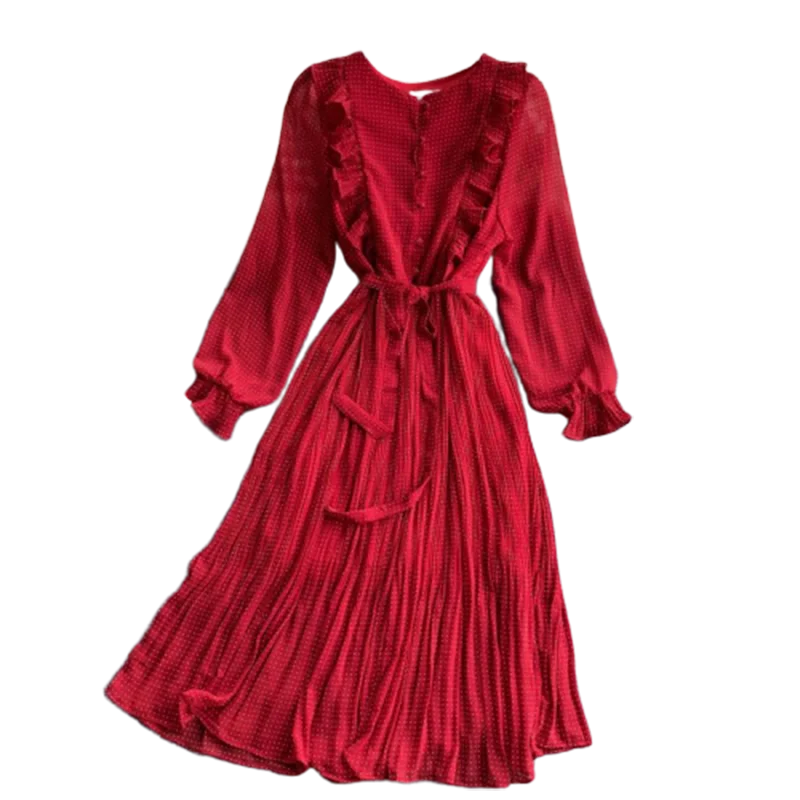 

Autumn Women Boho Vintage Puff Long Sleeve Chiffon Sashes Dress French Sweet Girls A-line High Waist Holiday Fairy Dress Female