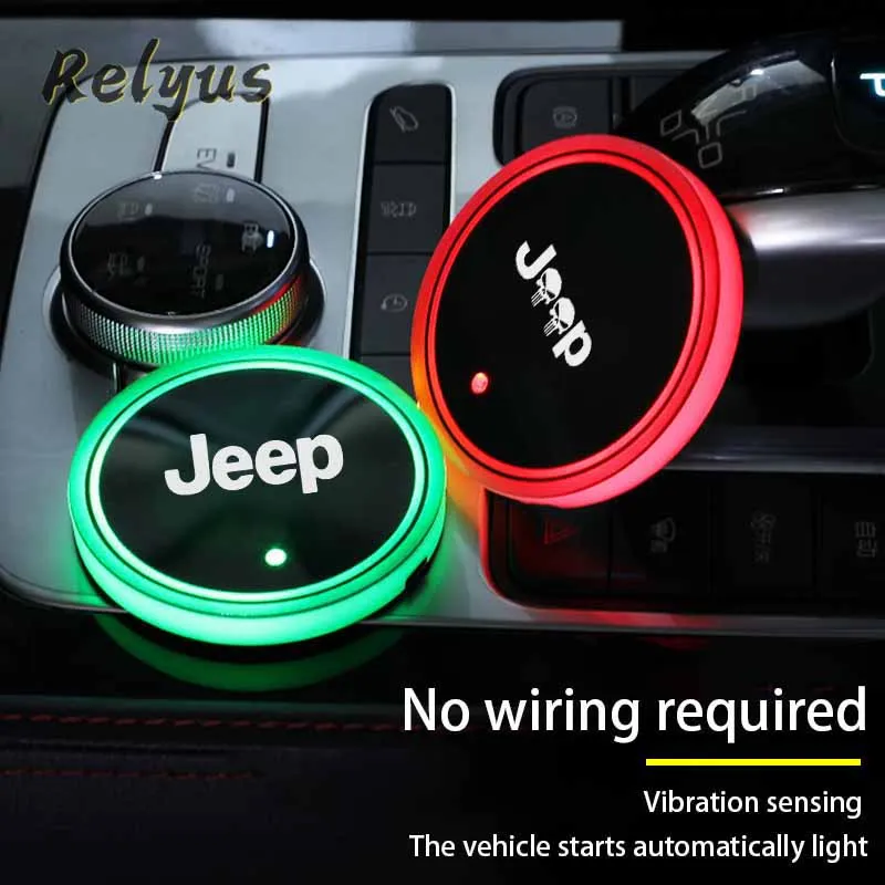 

2Pcs Luminous Car Led Cup Coaster Non-slip Mat Atmosphere Light For Jeep Renegade Wrangler JK JL Grand Cherokee Accessoreis