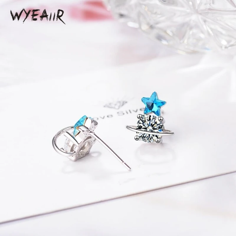

WYEAIIR Blue Planet Stars Delicate Rhinestones Elegant 925 Sterling Silver Female Stud Earrings