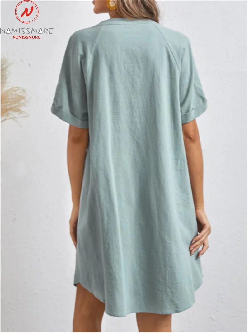 

Women Summer Solid Color Dress Single-Breasted Design V-Neck Short Sleeve Mid Waist Casual Loose Mini Dress for Streetwear